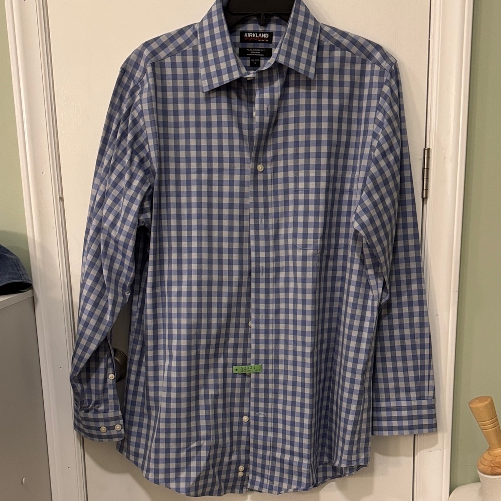 Kirkland Signature Men's Blue and White Plaid Shirt